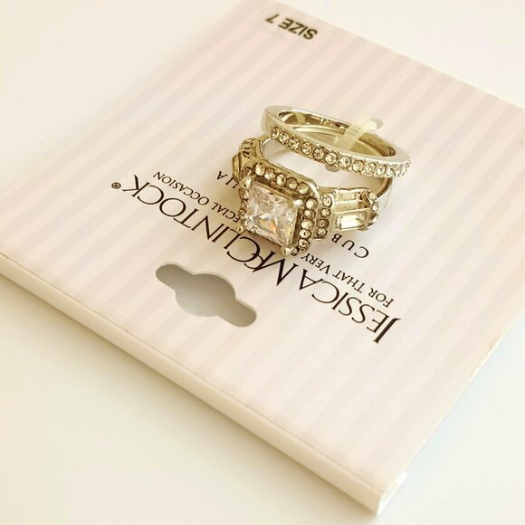 Jessica Mcclintock Cubic Zirconia Ring Set 7 Silver Emerald Cut Ring & Band NEW - Picture 1 of 4